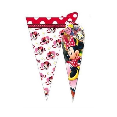 Pacote decorativo em forma de cone com estampa da Minnie Mouse em rosa e vermelho.