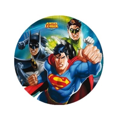 Ilustração redonda com Batman, Superman e Lanterna Verde e texto JUSTICE LEAGUE