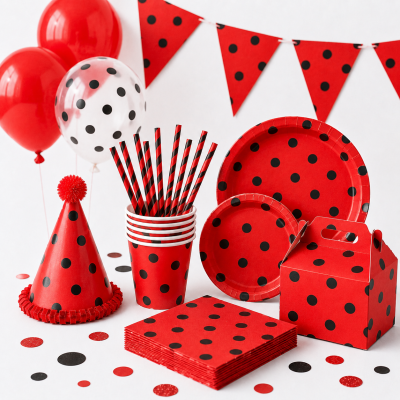 Artigos de festa vermelhos com bolinhas pretas dispostos sobre superfície branca