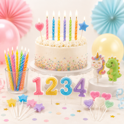 Velas de aniversário coloridas e decorativas dispostas ao redor de bolo branco com granulado colorido
