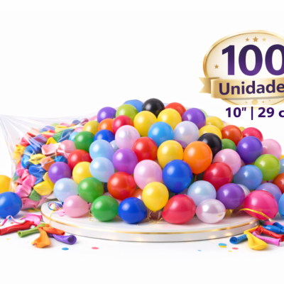 Pacote de 100 balões coloridos de 10 polegadas sobre superfície redonda branca com balões desinflados e confetes ao lado