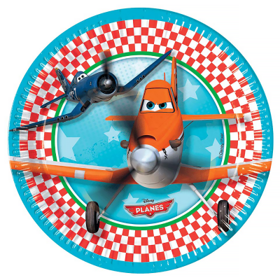 Prato descartável com imagem dos aviões do filme Disney Planes em fundo azul e borda quadriculada