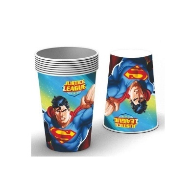 Conjunto de copos de papel com Super-Homem e texto Justice League