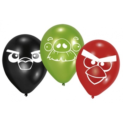 Balões coloridos com rostos de personagens Angry Birds.