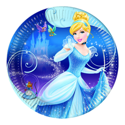Prato de papel com imagem da Cinderela em fundo azul estrelado