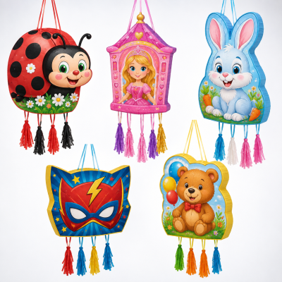 Cinco piñatas penduradas em formas de joaninha, princesa, coelho, máscara de super-herói e urso.