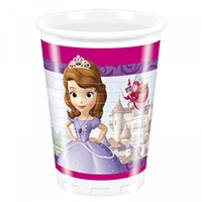 Copo plástico branco com ilustração de princesa em vestido lilás e castelo