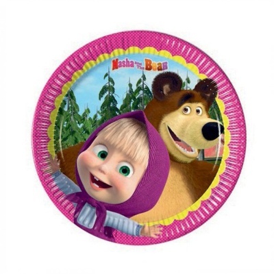 Prato de papel decorado com personagens Masha and the Bear