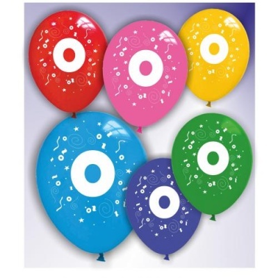 Balões coloridos com padrão festivo e número 0 central