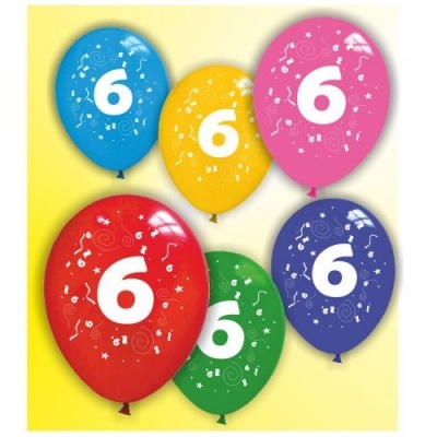 Balões coloridos com o número 6 e desenhos festivos