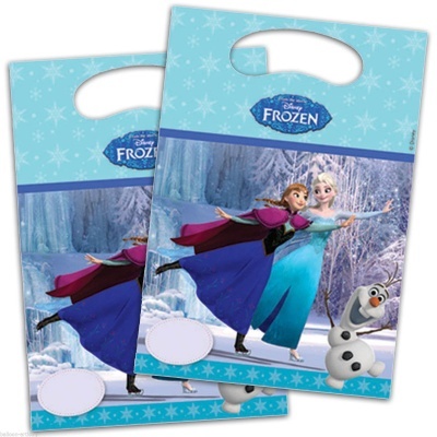 Sacolas de plástico azul com personagens de Frozen e padrão de flocos de neve
