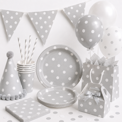 Conjunto de artigos para festa cinza com bolinhas brancas