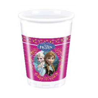 Copos de plástico brancos com padrão rosa e imagem de personagens do filme Frozen.