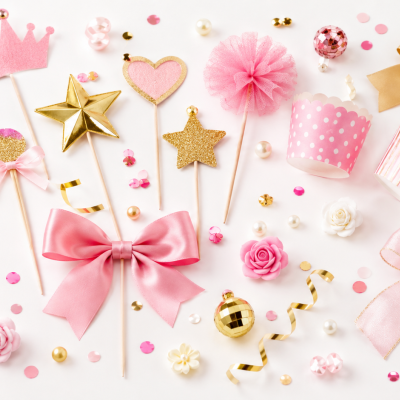 Enfeites de festa em rosa e dourado com coroas, estrelas e laços sobre fundo branco