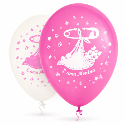 Balões rosa e branco para anúncio de nascimento com texto É uma Menina.