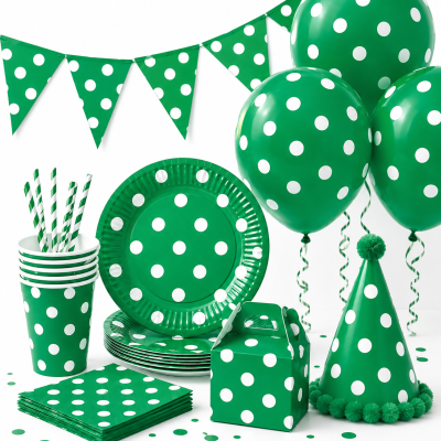 Artigos para festa verdes com bolinhas brancas