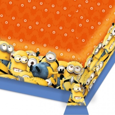 Guardanapo com estampa dos Minions e fundo laranja com pontos e borda azul