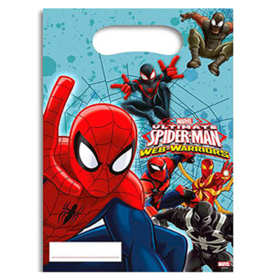 Sacola azul com desenhos dos personagens Spider-Man Web Warriors e texto colorido.
