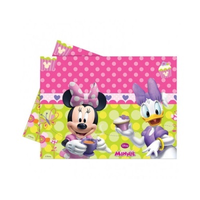 Toalhas de mesa descartáveis com estampa da Minnie e Margarida em rosa e verde