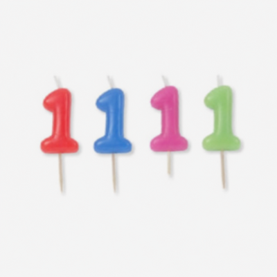Velas de aniversário número 1 em cores variadas sobre fundo branco