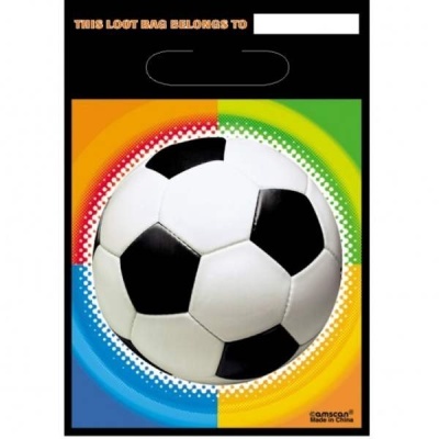 Saco plástico preto com bola de futebol colorida e texto em inglês