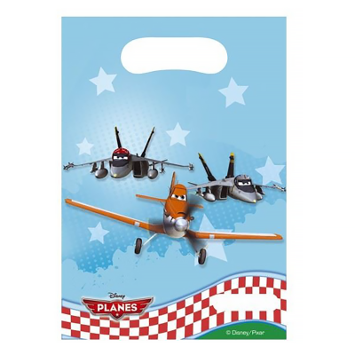 Saco azul claro com personagens animados de aviões e texto Disney PLANES.