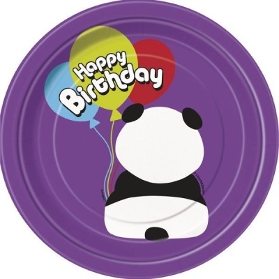 Prato roxo com panda e balões coloridos com texto Happy Birthday