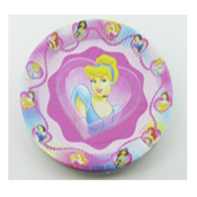 Prato de papel descartável rosa com ilustrações de princesas da Disney.