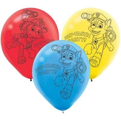 Três balões coloridos vermelho, amarelo e azul com personagens da Patrulha Pata e texto PAW-TASTIC PARTY!