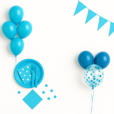 Decoração de festa azul com balões, pratos, guardanapos, talheres e bandeirolas