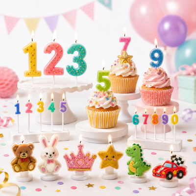 Velas de números coloridos para bolo com cupcakes e decorações infantis numa festa de aniversário