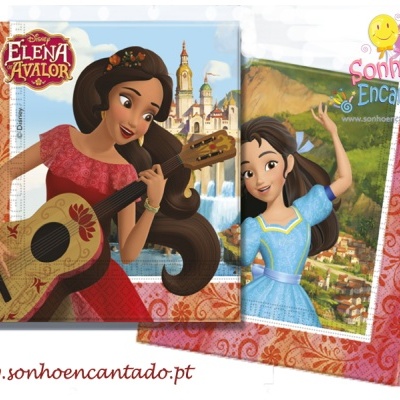 Guardanapos de papel com personagens Disney Elena de Avalor e fundo de paisagem e castelo