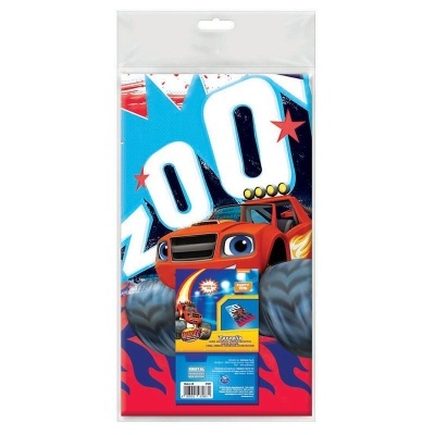 Toalha de festa com carro vermelho e fundo azul com texto ZOO