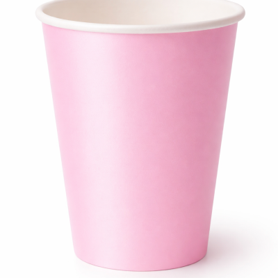 Copo descartável de papel cor-de-rosa com interior branco