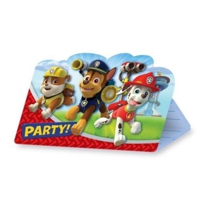 Convite de festa infantil com personagens de desenho animado e texto PARTY!
