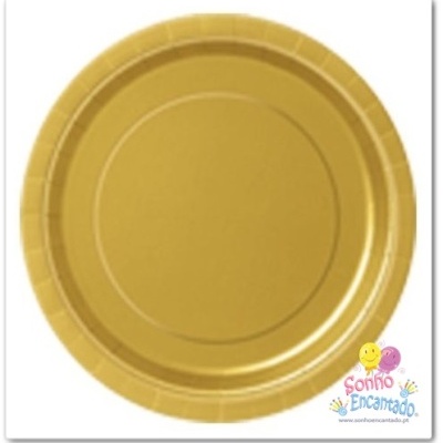 Prato de papel dourado com logótipo colorido Sonho Encantado no canto inferior direito