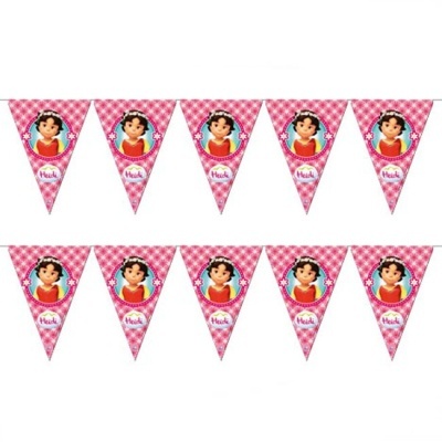 Bandeirolas triangulares rosa com desenho de menina e texto Heidi.