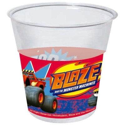 Copo de plástico transparente com etiqueta BLAZE AND THE MONSTER MACHINES e carrinho laranja