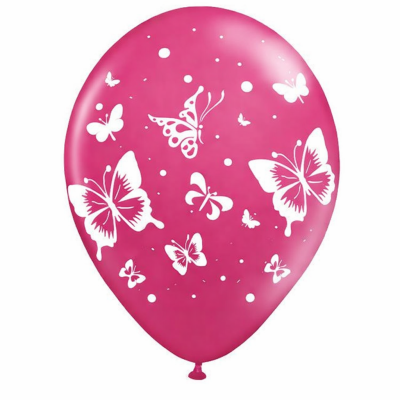 Balão rosa com estampado branco de borboletas e círculos
