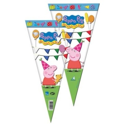 Cones de papel para festa da Peppa Pig com cores azul, verde e branco