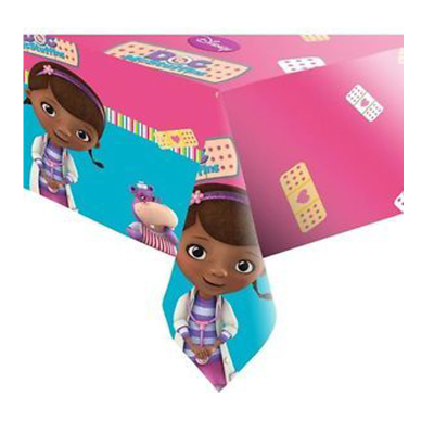 Toalha de mesa rosa com personagens animados e estampas de pensos rápidos.