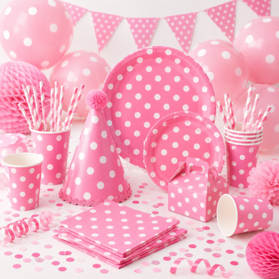 Conjunto de artigos para festa rosa com bolinhas brancas em mesa decorada