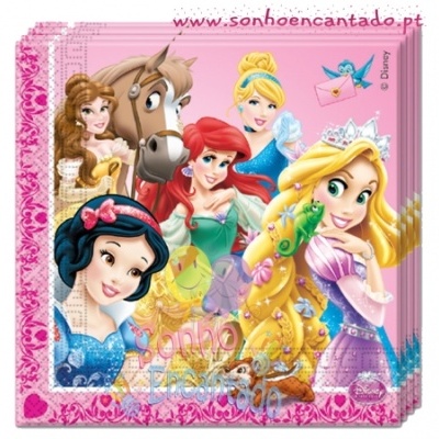 Guardanapos de papel com princesas Disney e moldura rosa