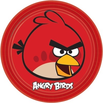 Prato vermelho com personagem Angry Birds e texto