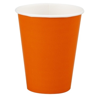 Copo descartável de cartão laranja com interior branco.