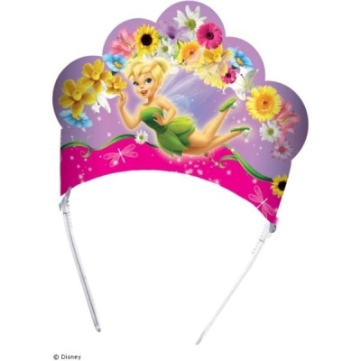 Tiara de plástico rosa e lilás com fada Sininho e flores coloridas