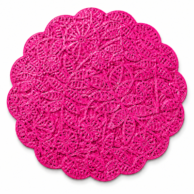 Toalha individual redonda rosa com padrão rendilhado floral e folhas