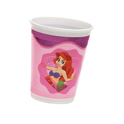 Copo de plástico com desenho da Ariel em rosa e roxo