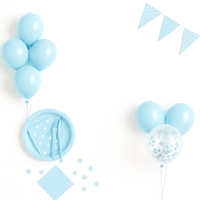 Decoração de festa com balões azuis e artigos de mesa