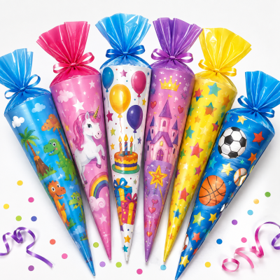 Cones coloridos com desenhos infantis e laços, rodeados de confetes